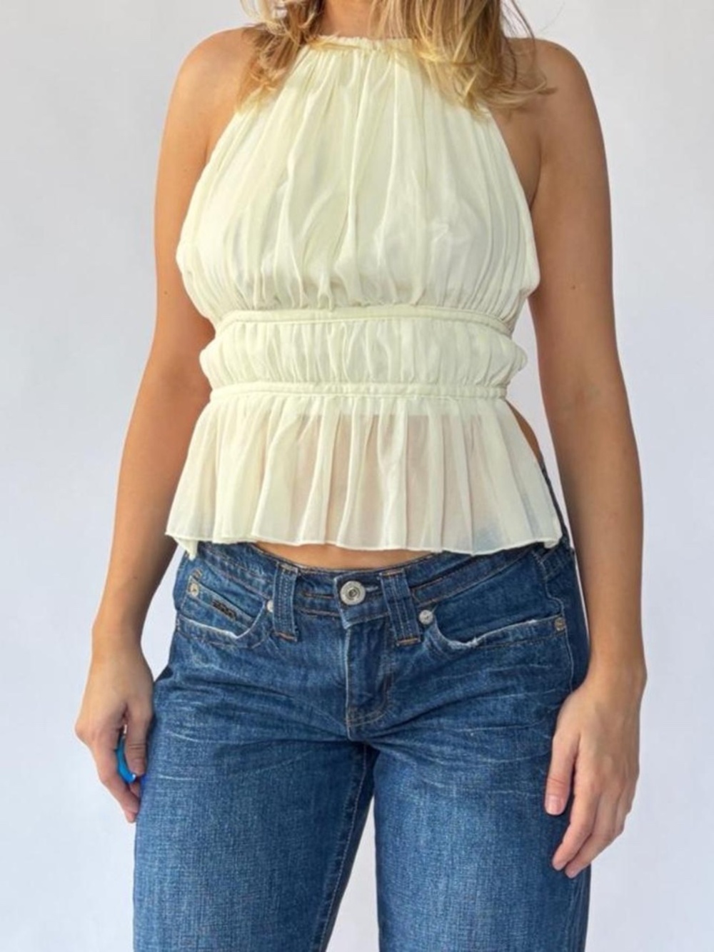 Halter Top Cream Ruched Boho Small - Picture 4 of 5